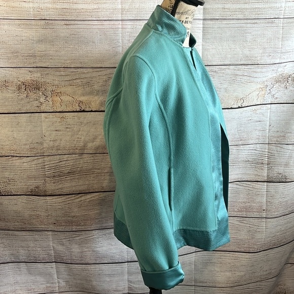 Linda Allard Ellen Tracy Blazer Wool Silk Trim Size 8 Teal Pockets - Picture 2 of 11
